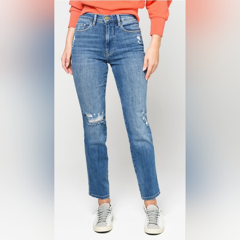 Frame 24 high waist le sylvie slender straight med wash distressed jeans